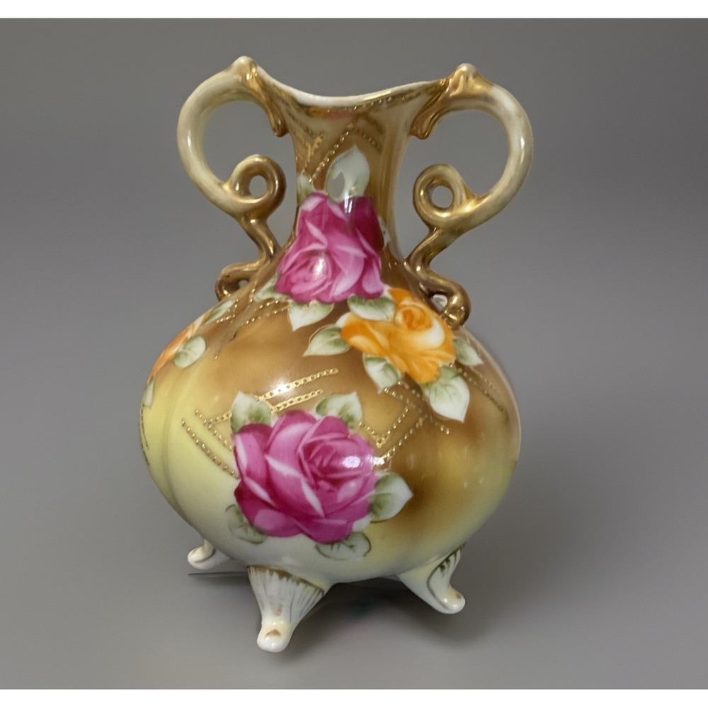 Antique Nippon Hand Painted Bone China Beaded Gold Trim Two Handled Vase 4.5"